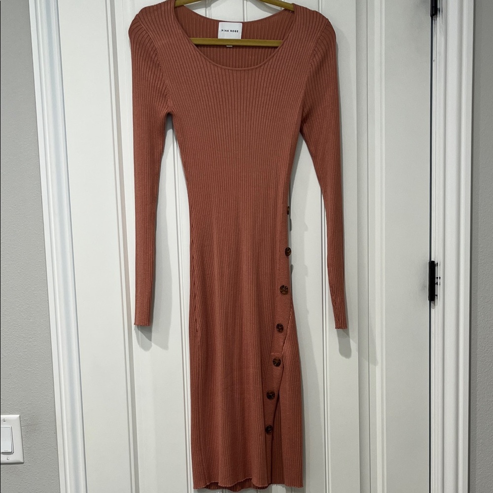Pink Rose Rust Long Sleeve Ribbed Dress-Size Small